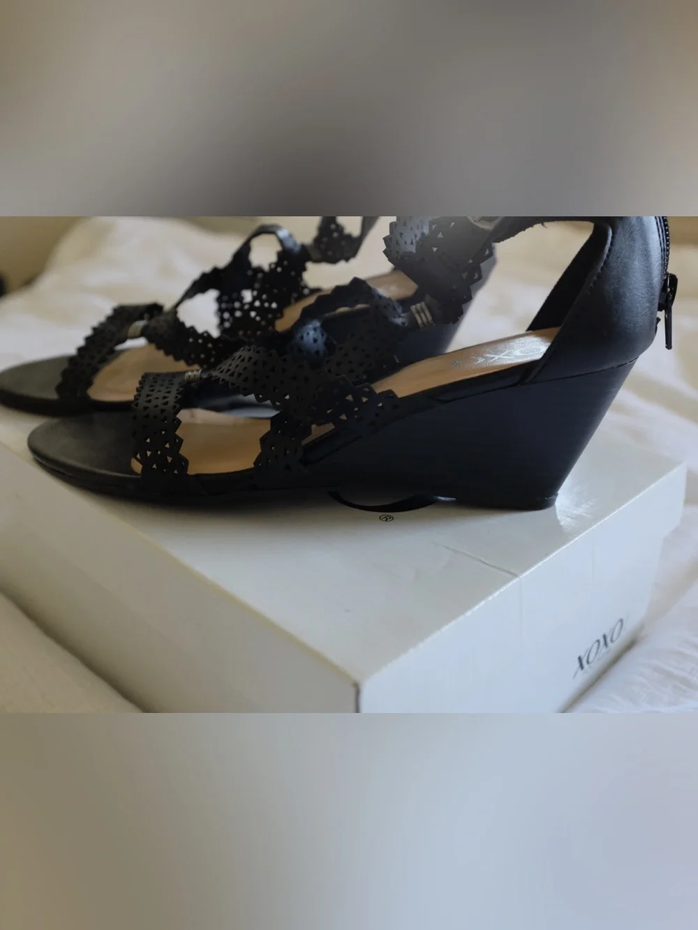 New, in Original Box XOXO Black Cutout Wedge Sandals